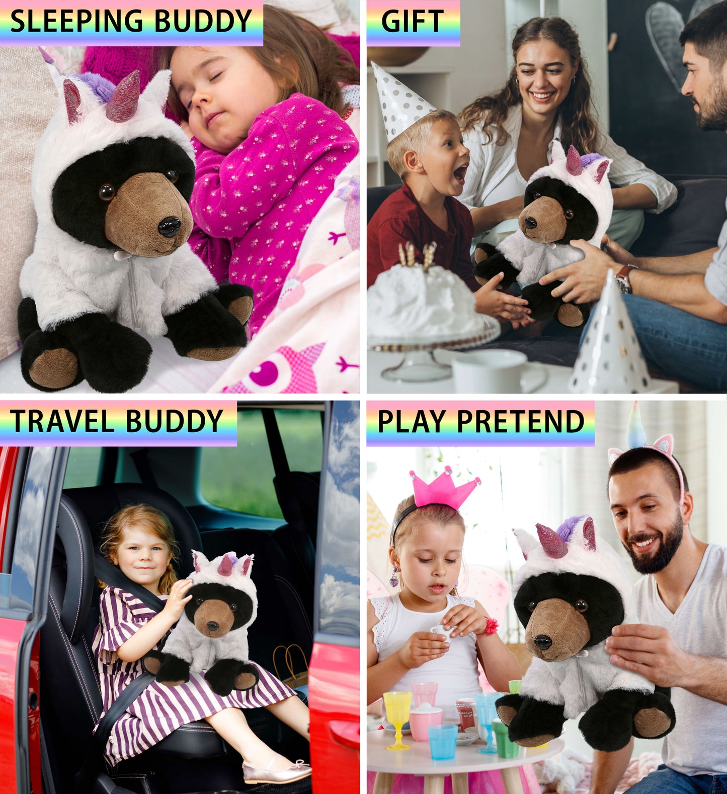 SUPER-SOFT PLUSH - LARGE FLOPPY BLACK BEAR 12" WITH UNICORN DRESS UP