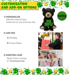 DolliBu Large Floppy Black Bear Stuffed Toy with Green Plush Shamrock - 12 Inch