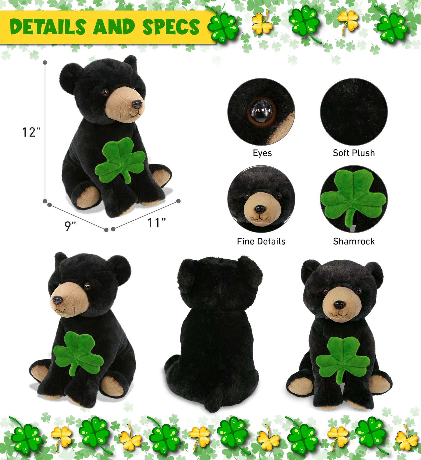 DolliBu Large Floppy Black Bear Stuffed Toy with Green Plush Shamrock - 12 Inch