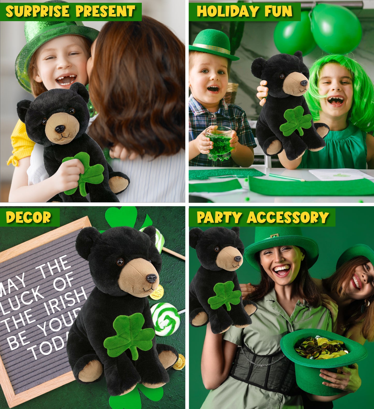 DolliBu Large Floppy Black Bear Stuffed Toy with Green Plush Shamrock - 12 Inch