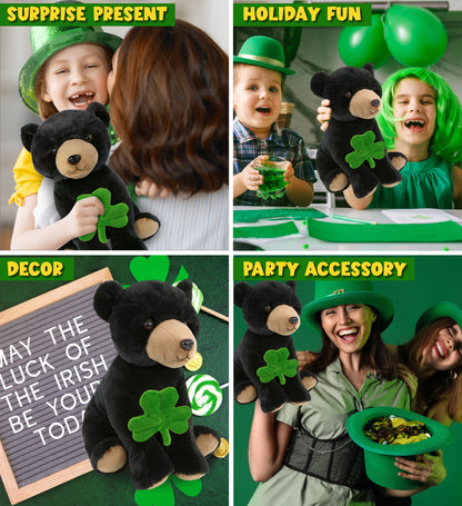 DolliBu Large Floppy Black Bear Stuffed Toy with Green Plush Shamrock - 12 Inch