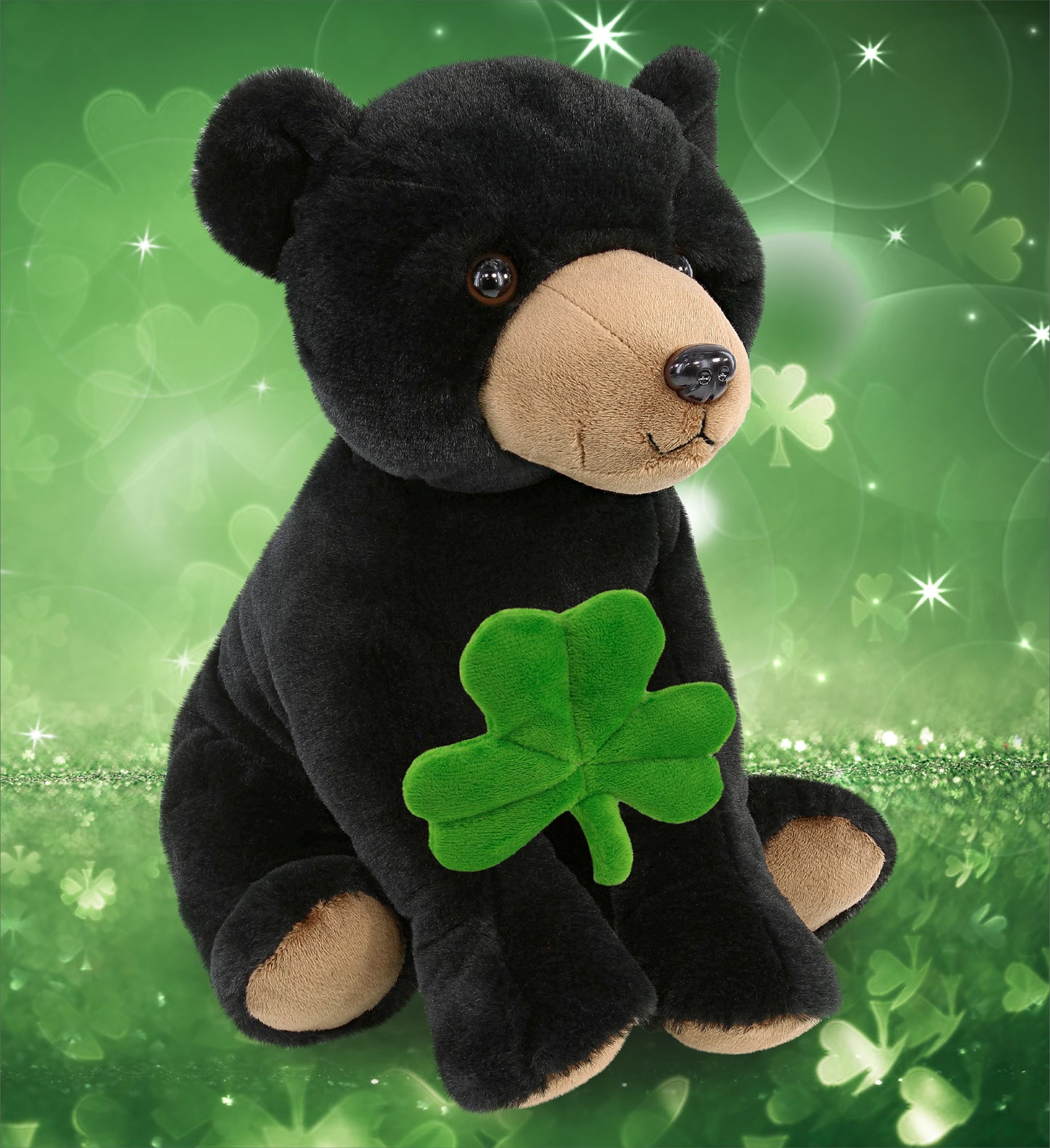 DolliBu Large Floppy Black Bear Stuffed Toy with Green Plush Shamrock - 12 Inch