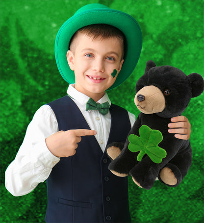DolliBu Large Floppy Black Bear Stuffed Toy with Green Plush Shamrock - 12 Inch