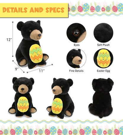 DolliBu Soft Large Floppy Black Bear with Yellow Easter Egg Plush - 12 Inches