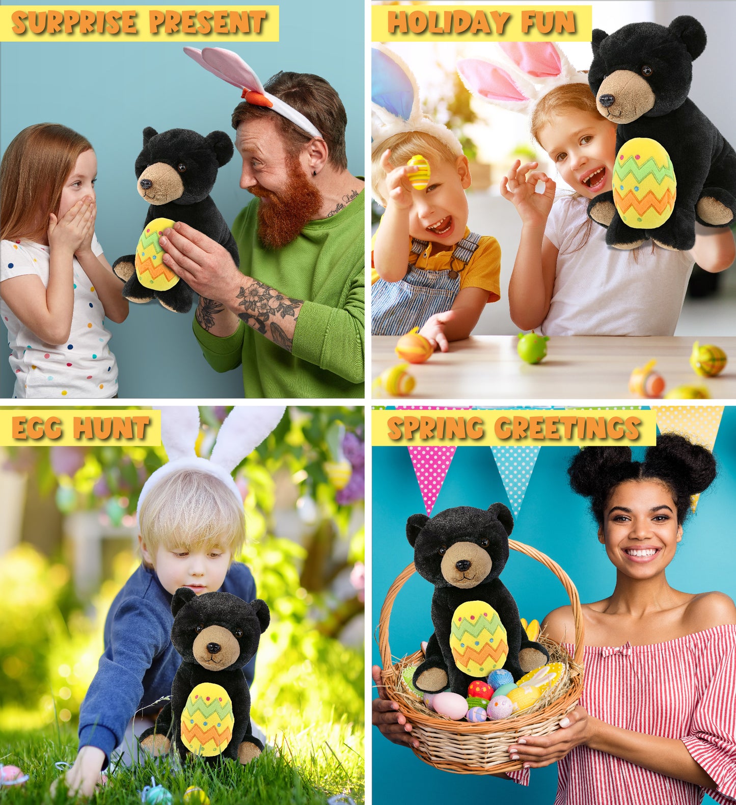DolliBu Soft Large Floppy Black Bear with Yellow Easter Egg Plush - 12 Inches