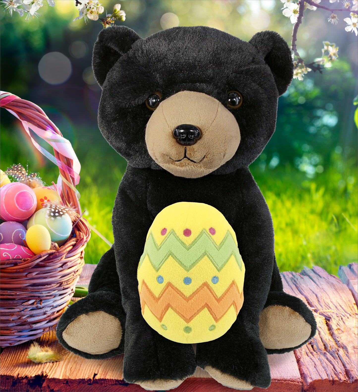 DolliBu Soft Large Floppy Black Bear with Yellow Easter Egg Plush - 12 Inches