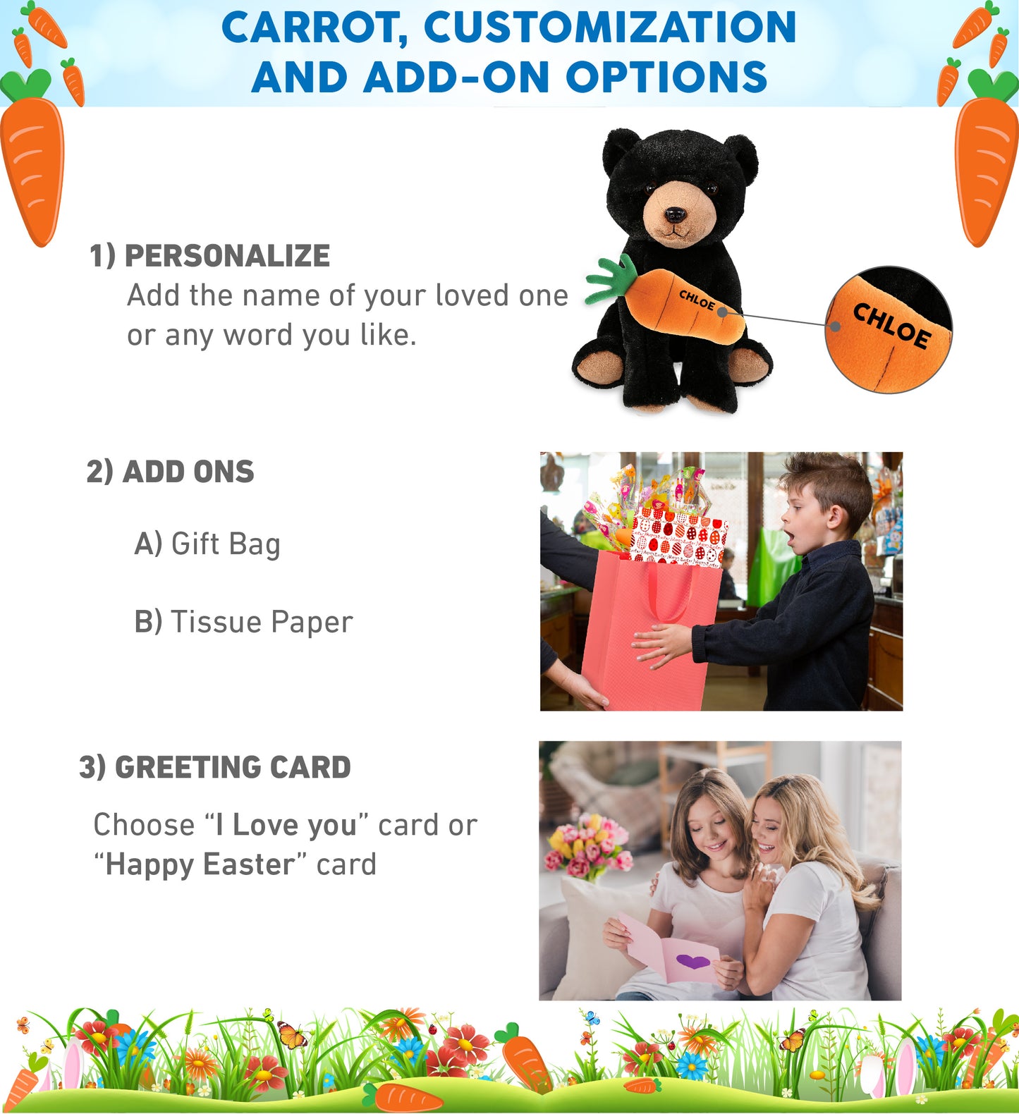 DolliBu Happy Easter Soft Plush Large Floppy Black Bear with Carrot - 8.5 Inch