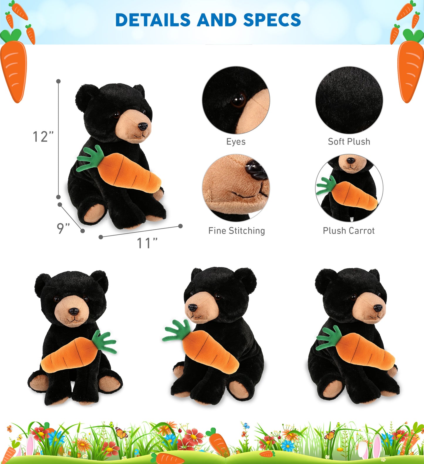 DolliBu Happy Easter Soft Plush Large Floppy Black Bear with Carrot - 8.5 Inch
