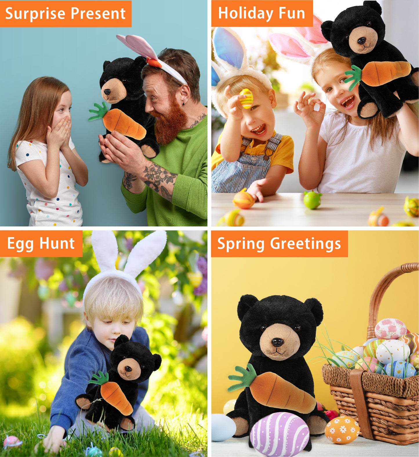 DolliBu Happy Easter Soft Plush Large Floppy Black Bear with Carrot - 8.5 Inch