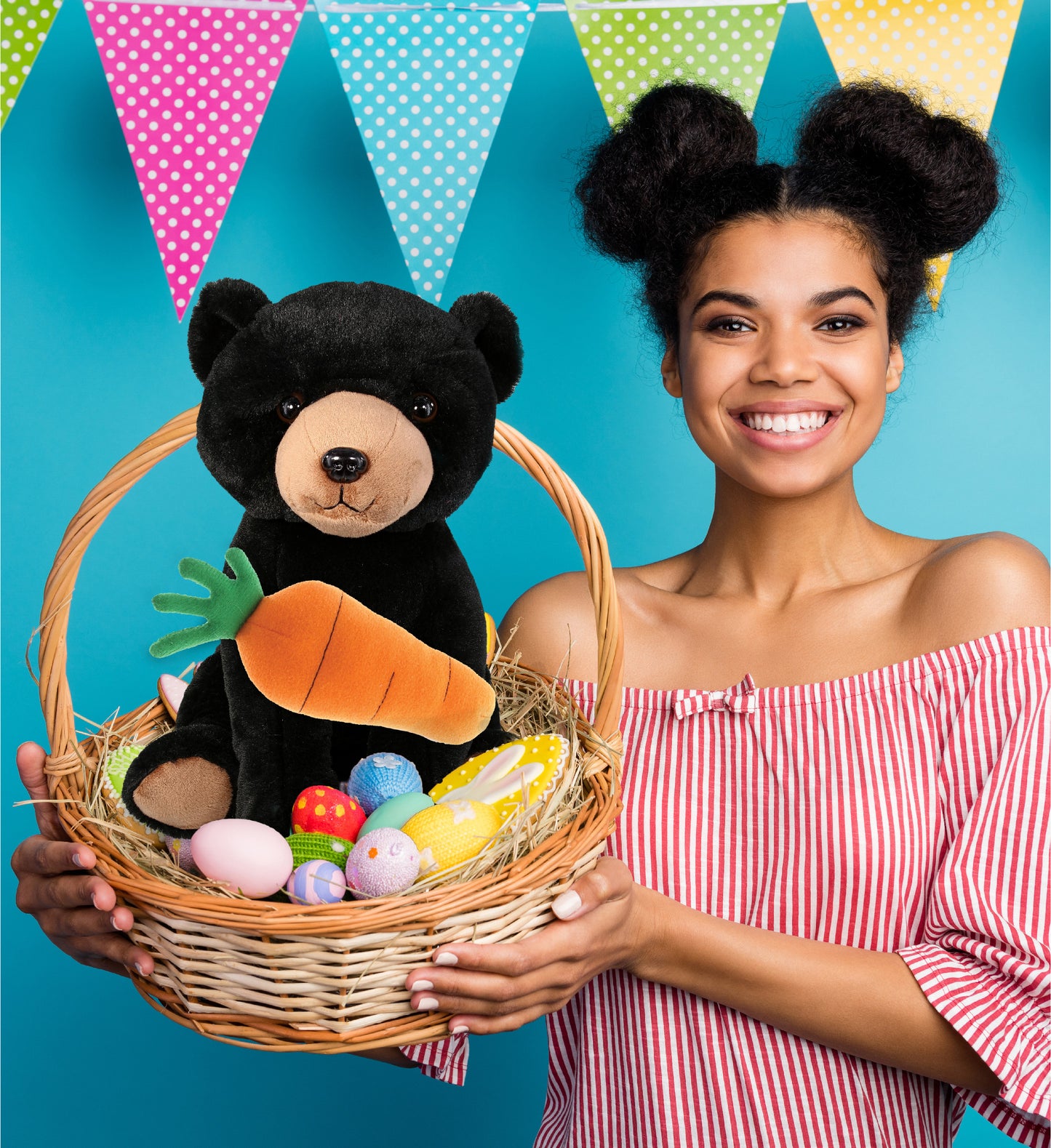 DolliBu Happy Easter Soft Plush Large Floppy Black Bear with Carrot - 8.5 Inch