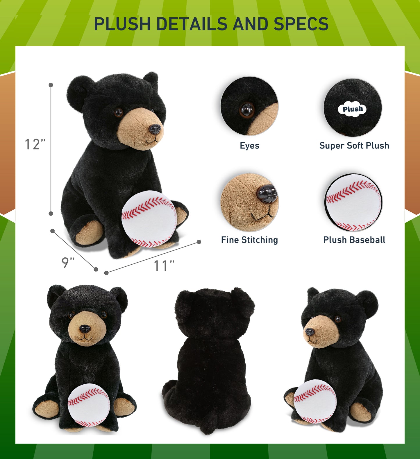 SUPER-SOFT PLUSH - LARGE FLOPPY BLACK BEAR 12" WITH BASEBALL PLUSH