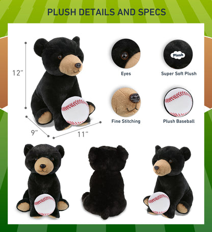 SUPER-SOFT PLUSH - LARGE FLOPPY BLACK BEAR 12" WITH BASEBALL PLUSH