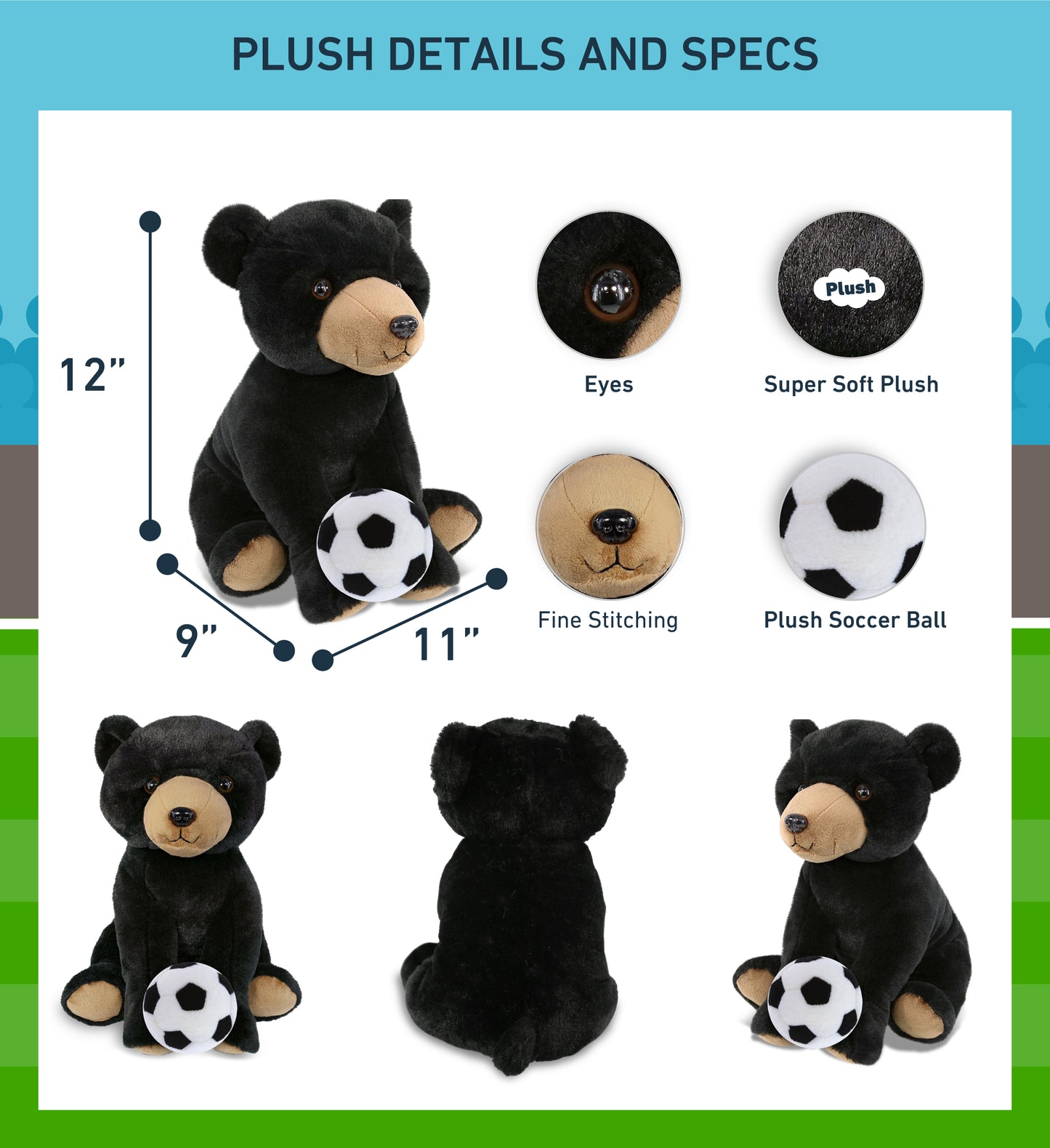 SUPER-SOFT PLUSH - LARGE FLOPPY BLACK BEAR 12" WITH SOCCER PLUSH