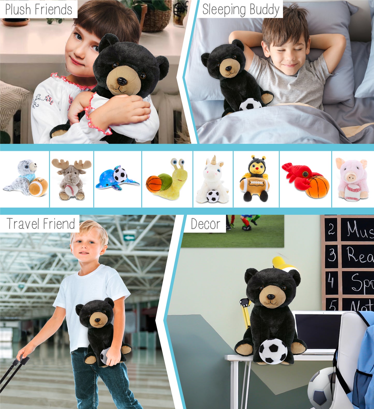 SUPER-SOFT PLUSH - LARGE FLOPPY BLACK BEAR 12" WITH SOCCER PLUSH