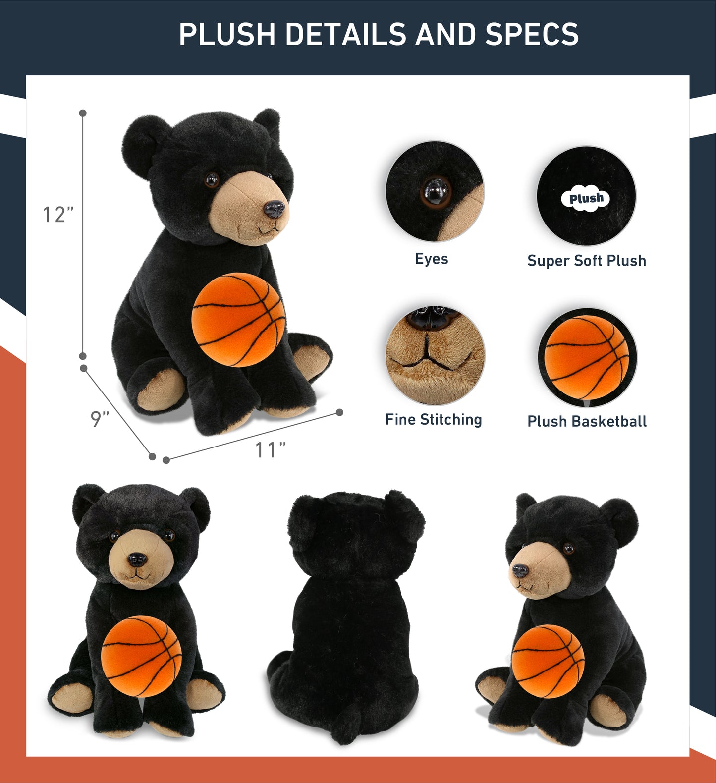 SUPER-SOFT PLUSH - LARGE FLOPPY BLACK BEAR 12" WITH BASKETBALL PLUSH