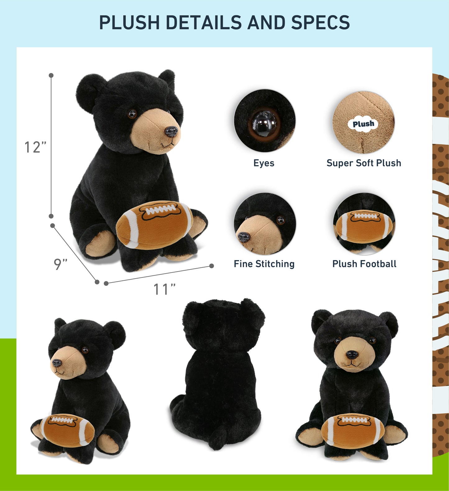 SUPER-SOFT PLUSH - LARGE FLOPPY BLACK BEAR 12" WITH FOOTBALL PLUSH