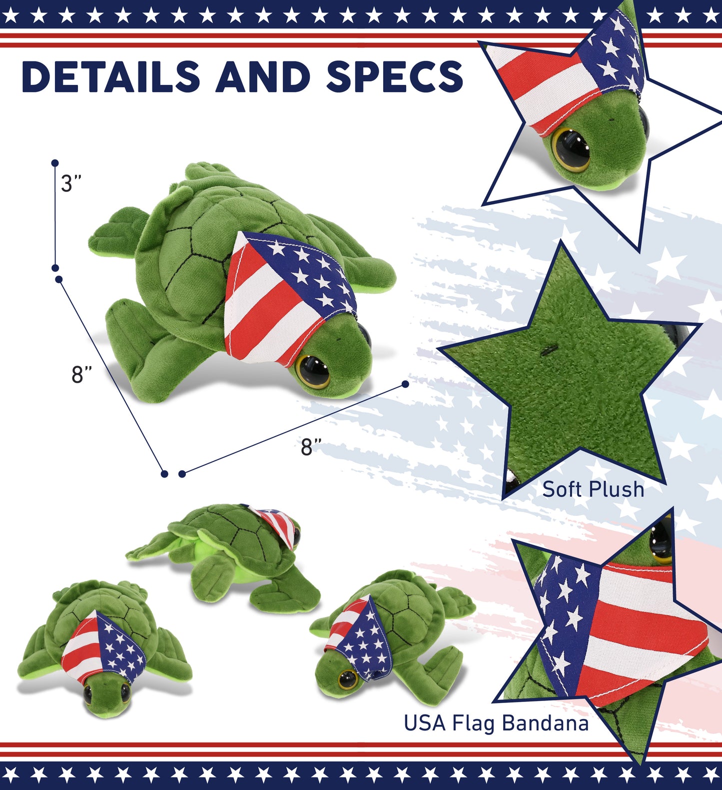 BIG EYE 6" PLUSH - SEA TURTLE WITH USA FLAG BANDANA