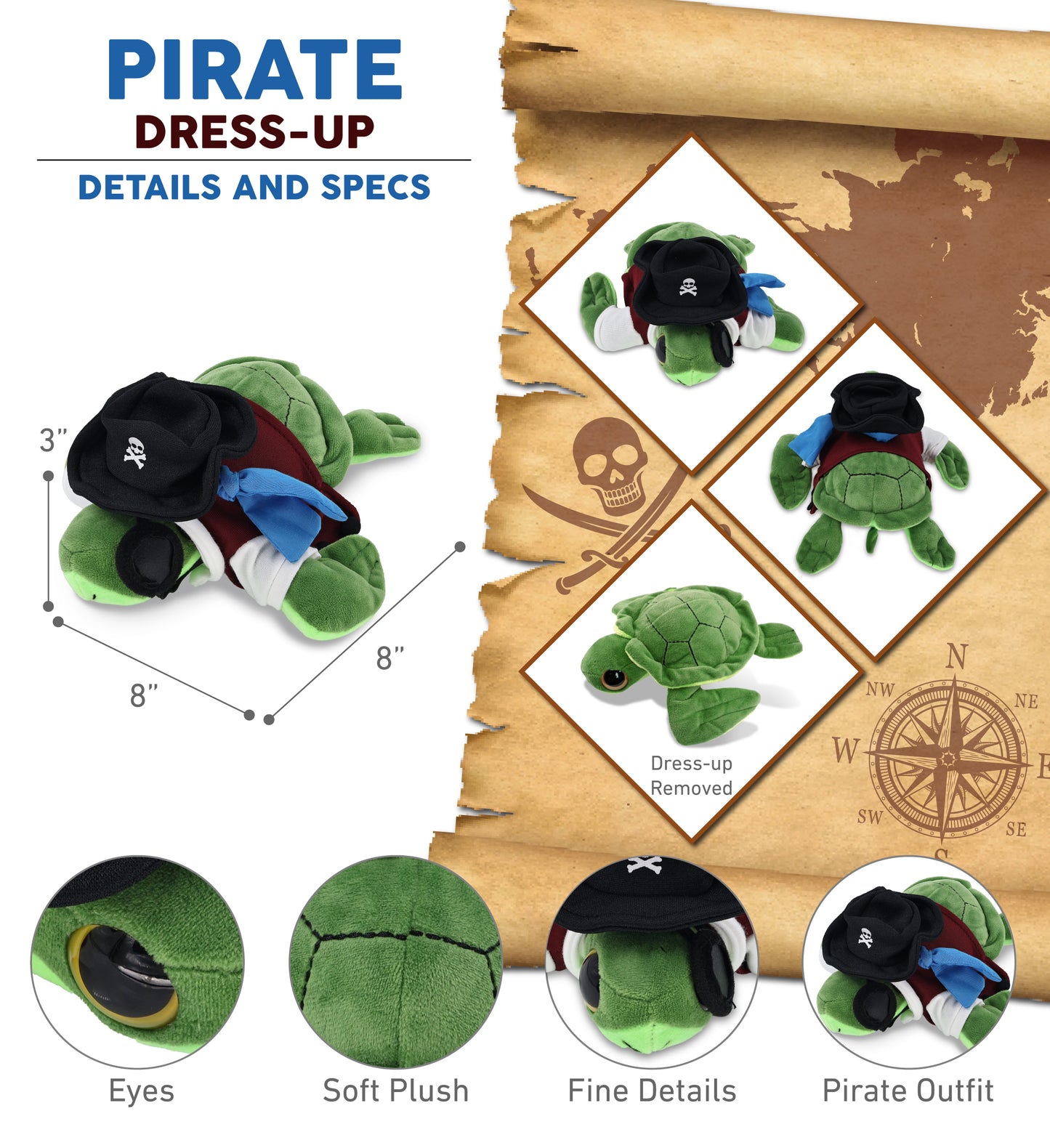BIG EYE 6" PLUSH - SEA TURTLE WITH PIRATE DRESS UP