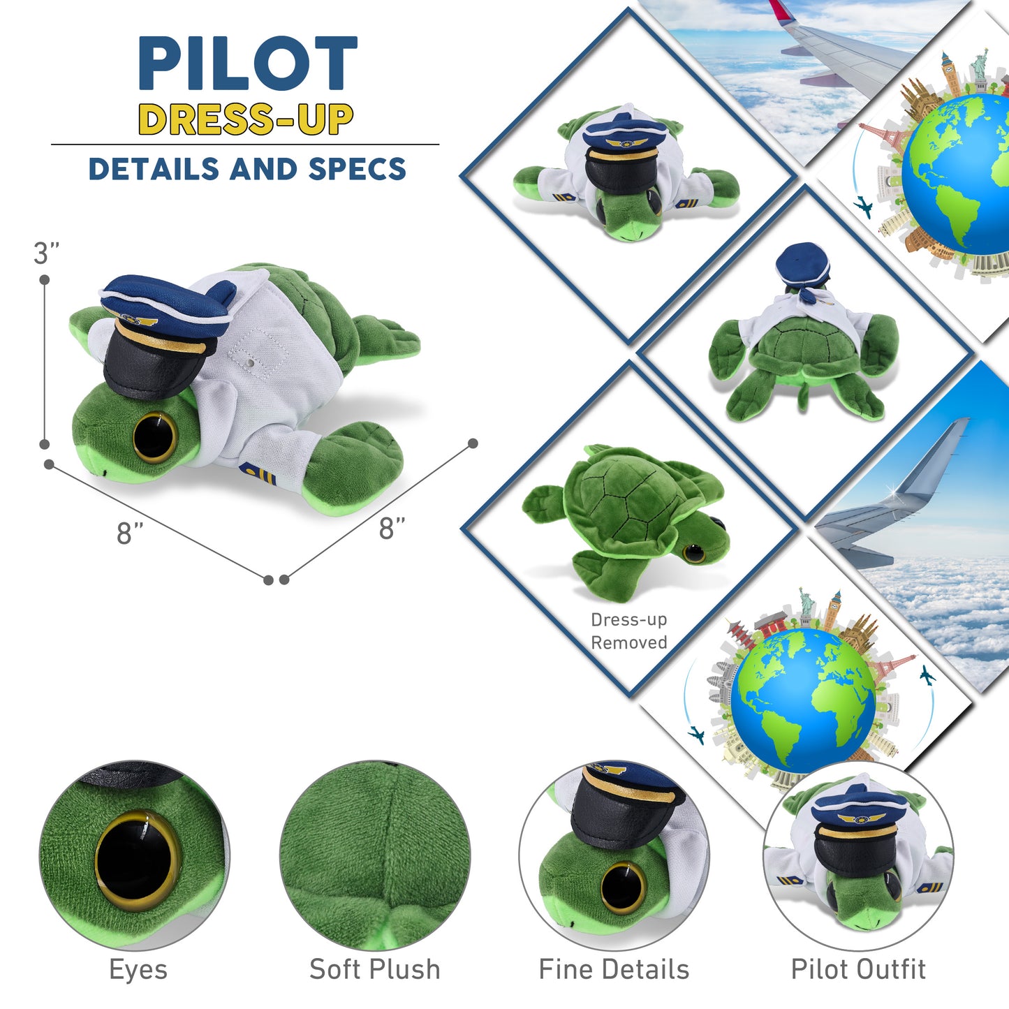 BIG EYE 6" PLUSH - SEA TURTLE WITH PILOT DRESS UP