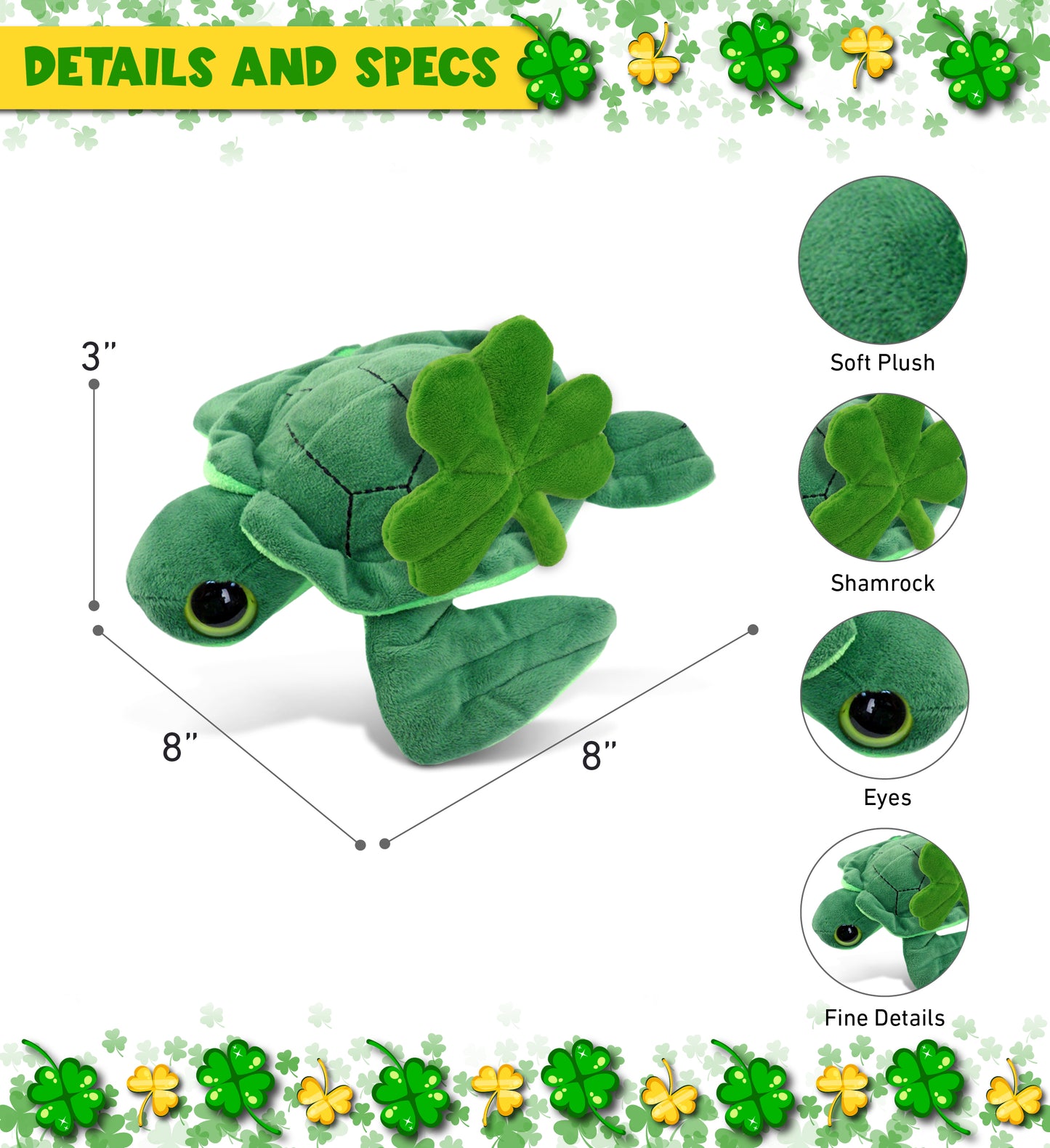 DolliBu Big Eye Sea Turtle Stuffed Animal with Green Plush Shamrock - 8 Inches