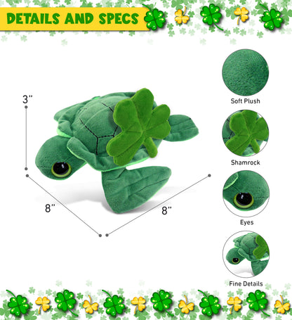 DolliBu Big Eye Sea Turtle Stuffed Animal with Green Plush Shamrock - 8 Inches