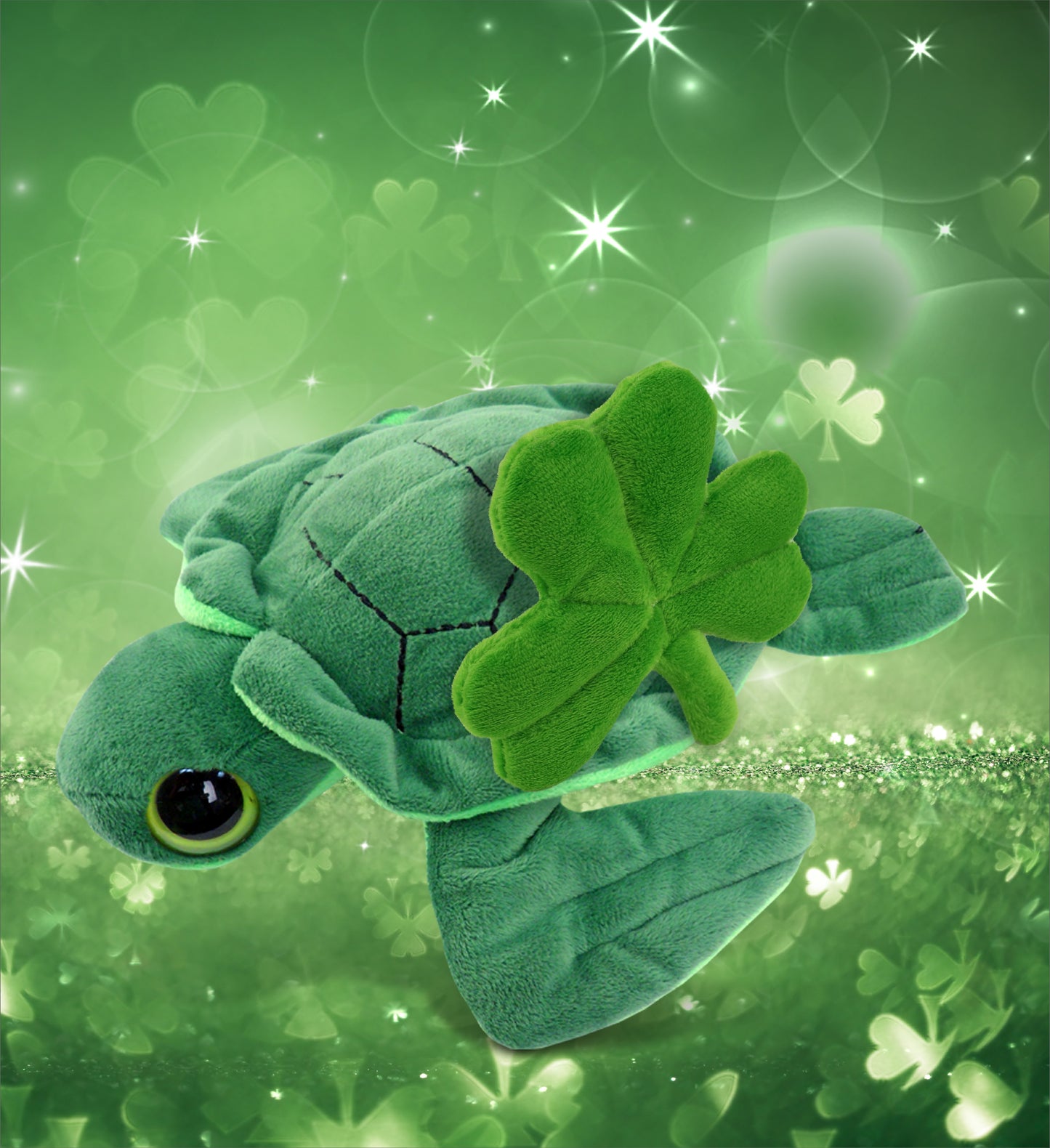 DolliBu Big Eye Sea Turtle Stuffed Animal with Green Plush Shamrock - 8 Inches