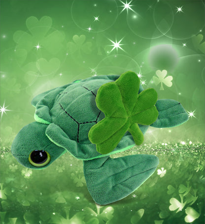 DolliBu Big Eye Sea Turtle Stuffed Animal with Green Plush Shamrock - 8 Inches