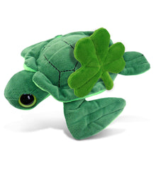 DolliBu Big Eye Sea Turtle Stuffed Animal with Green Plush Shamrock - 8 Inches