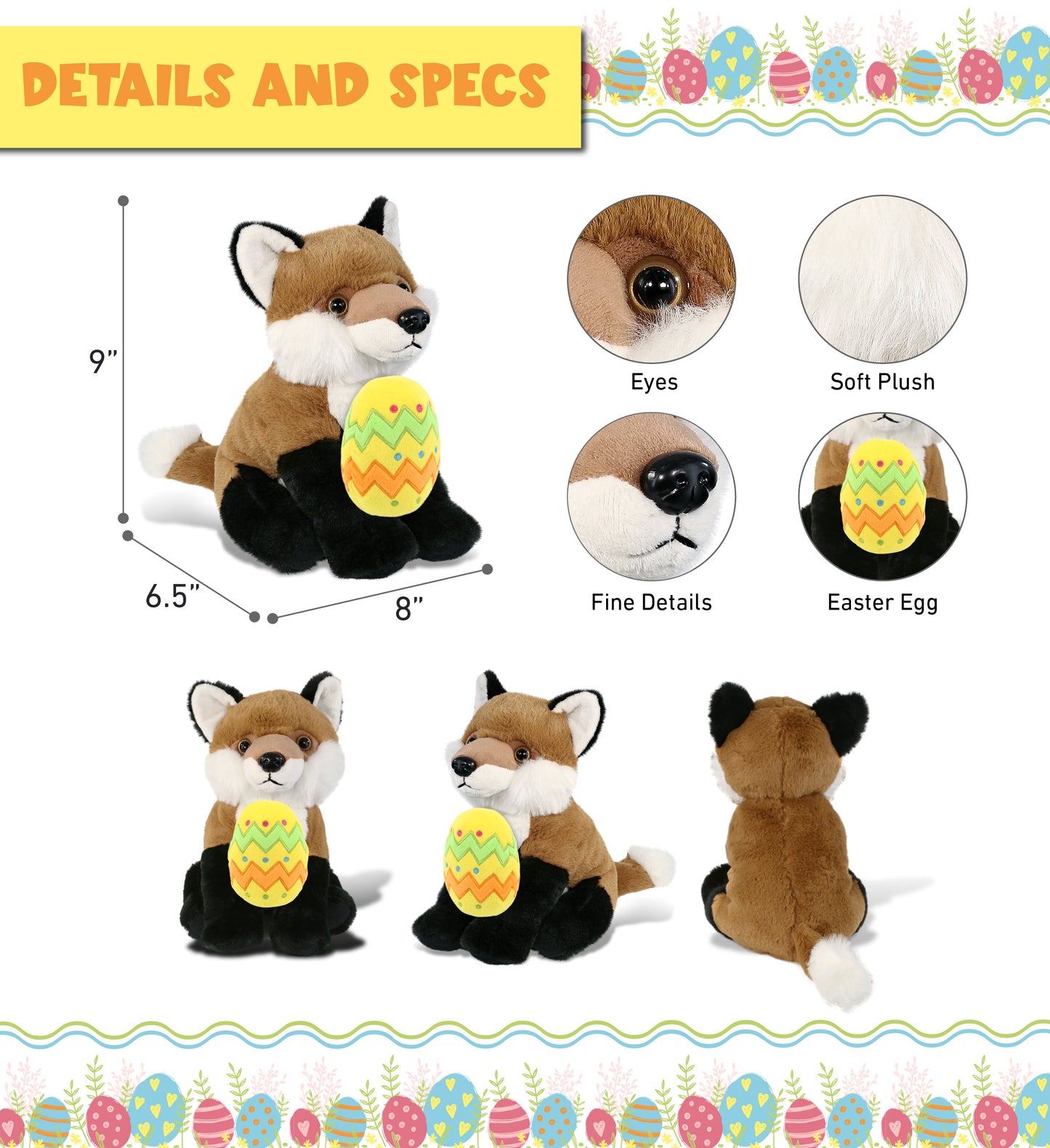 DolliBu Super Soft Floppy Fox with Yellow Easter Egg Plush Toy - 9 Inches