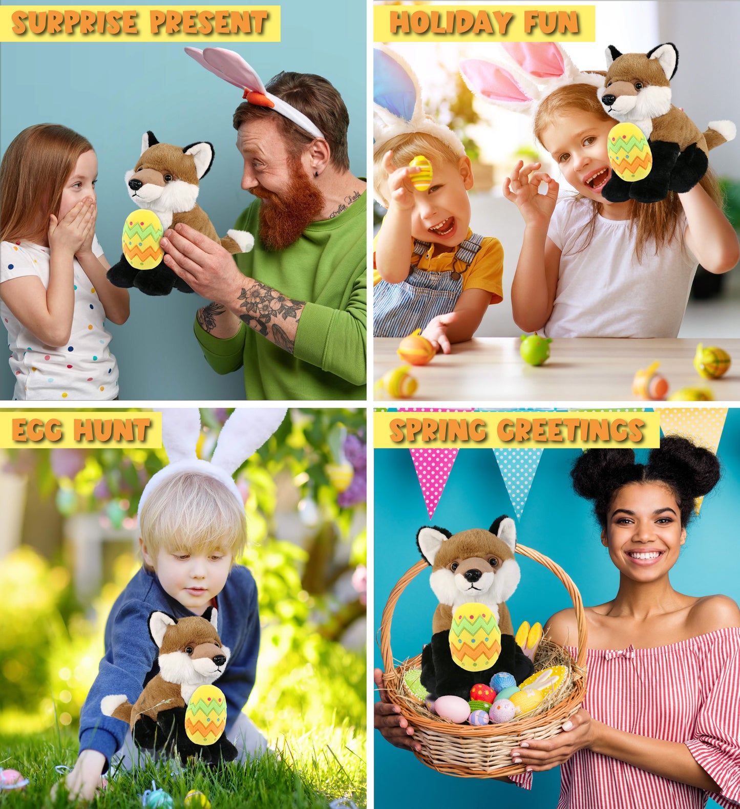 DolliBu Super Soft Floppy Fox with Yellow Easter Egg Plush Toy - 9 Inches