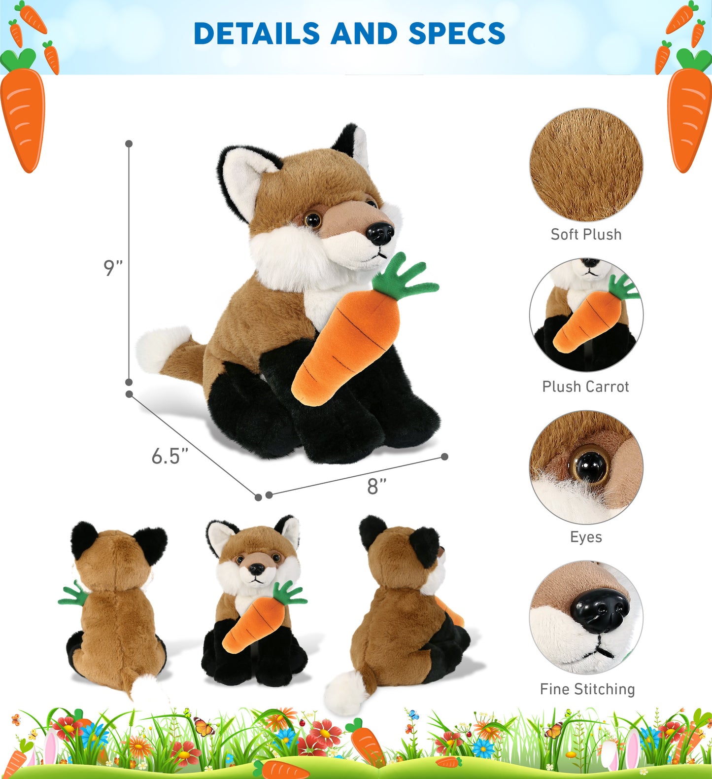 DolliBu Happy Easter Super Soft Plush Floppy Fox with Carrot Plush - 9 Inches