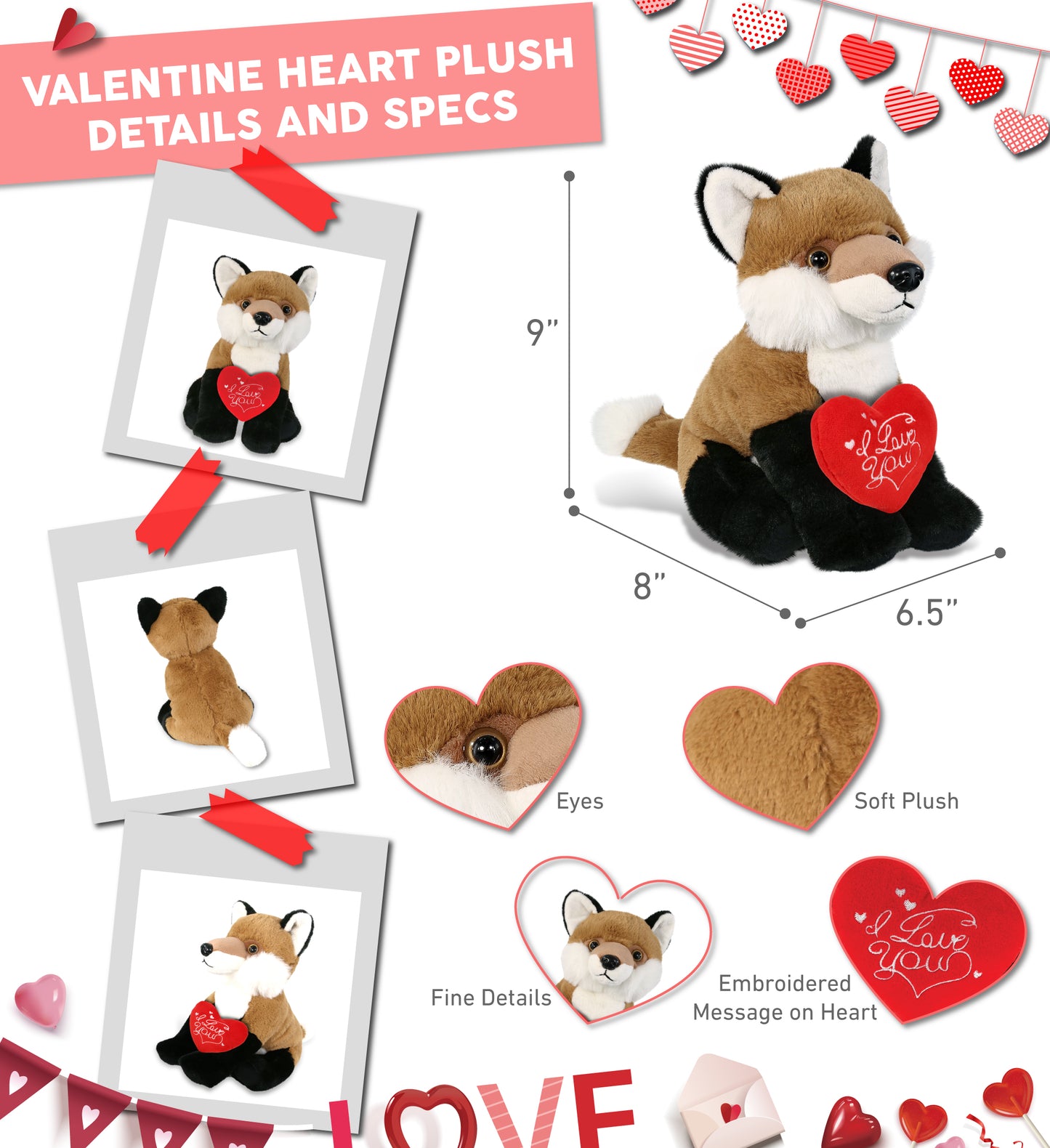 DolliBu I Love You Valentine Plush Cute Floppy Fox with Red Heart - 9 Inches