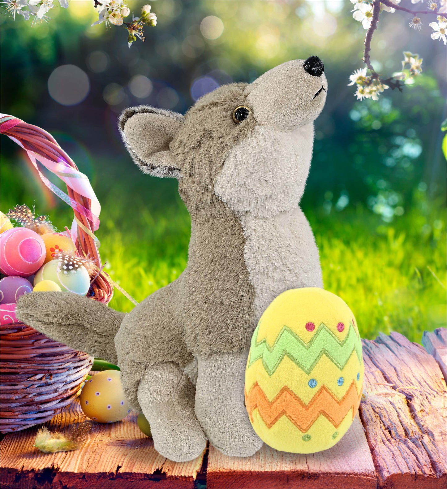 DolliBu Super Soft Howling Wolf with Yellow Easter Egg Plush Toy - 8.5 Inches