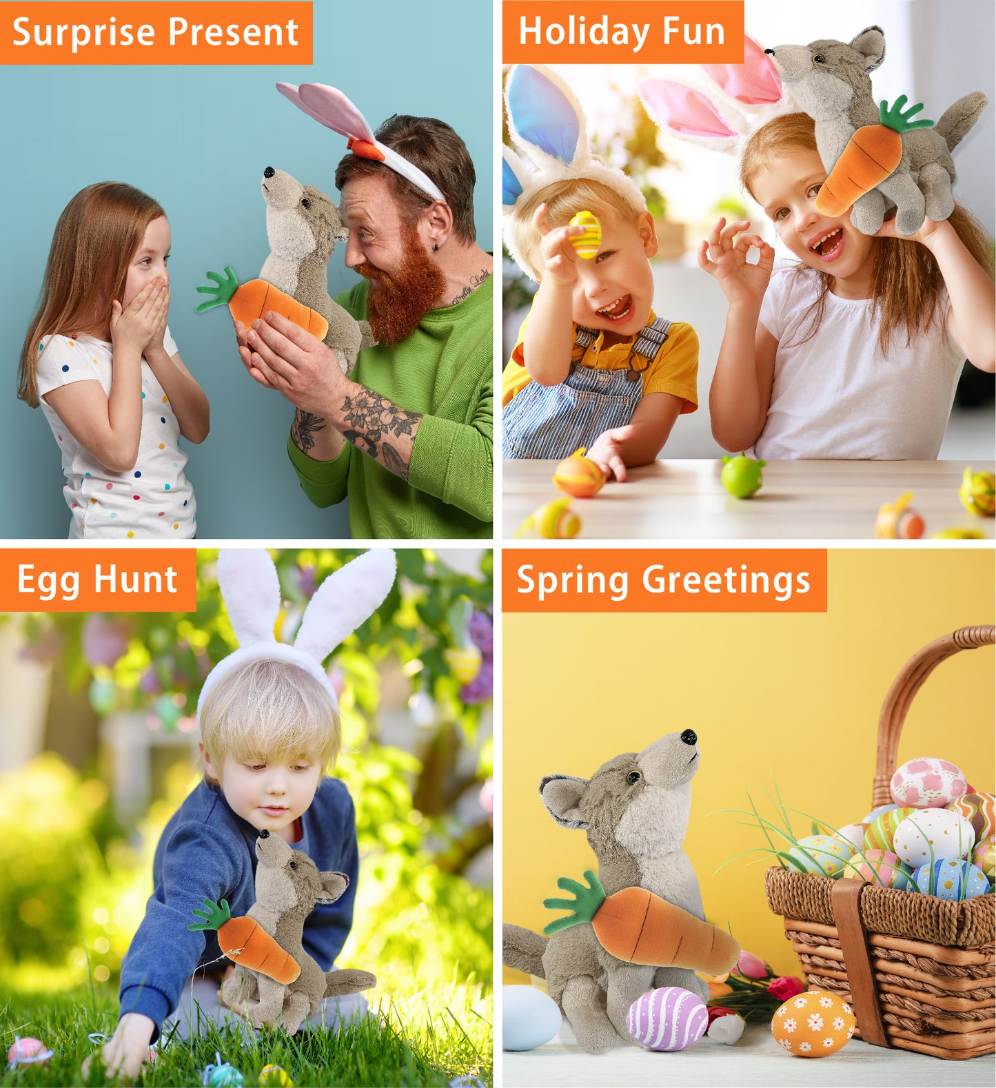 DolliBu Happy Easter Super Soft Plush Cute Howling Wolf with Carrot - 8.5 Inch