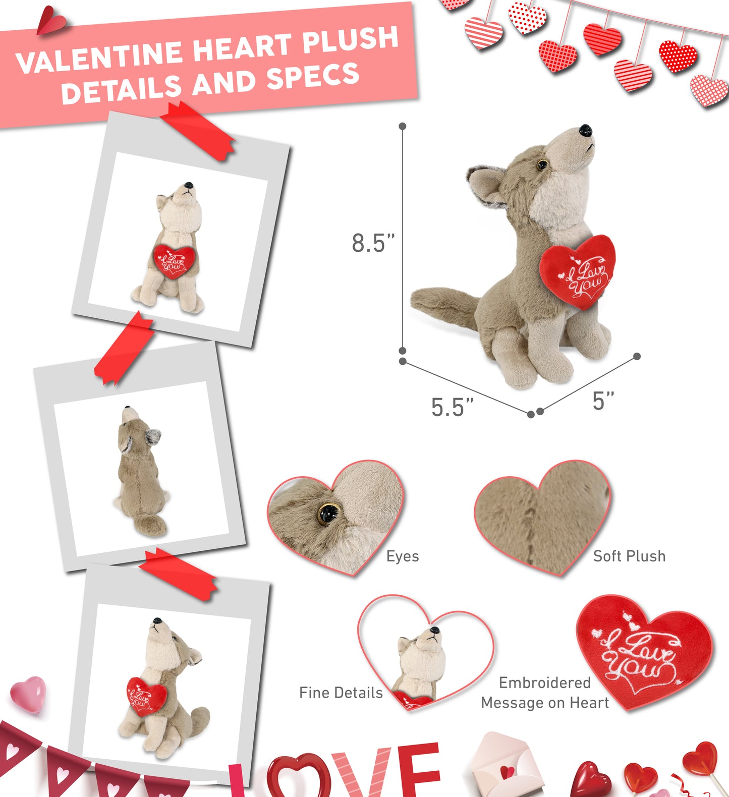 PLUSH I LOVE YOU RED HEART - SUPER-SOFT PLUSH - HOWLING WOLF 8.5"