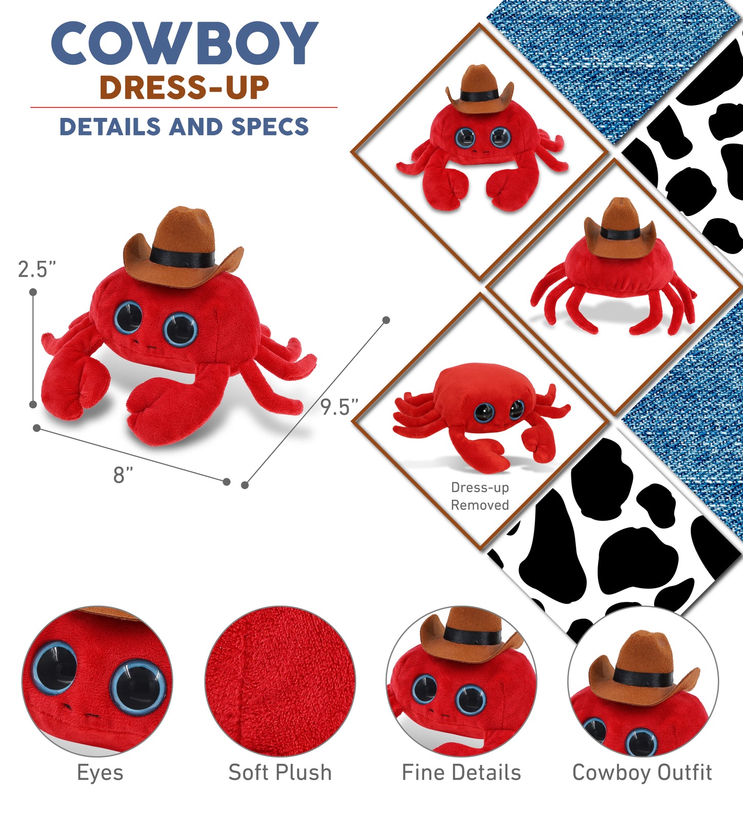 BIG EYE 6" PLUSH - RED CRAB COWBOY DRESS UP