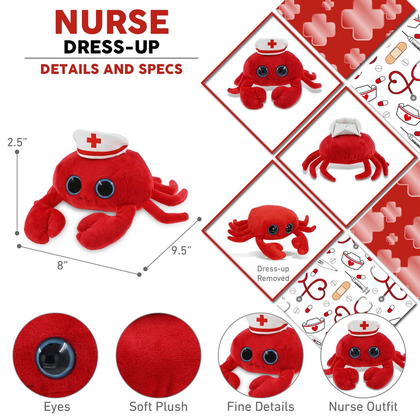 BIG EYE 6" PLUSH - RED CRAB With NURSE Dress-Up