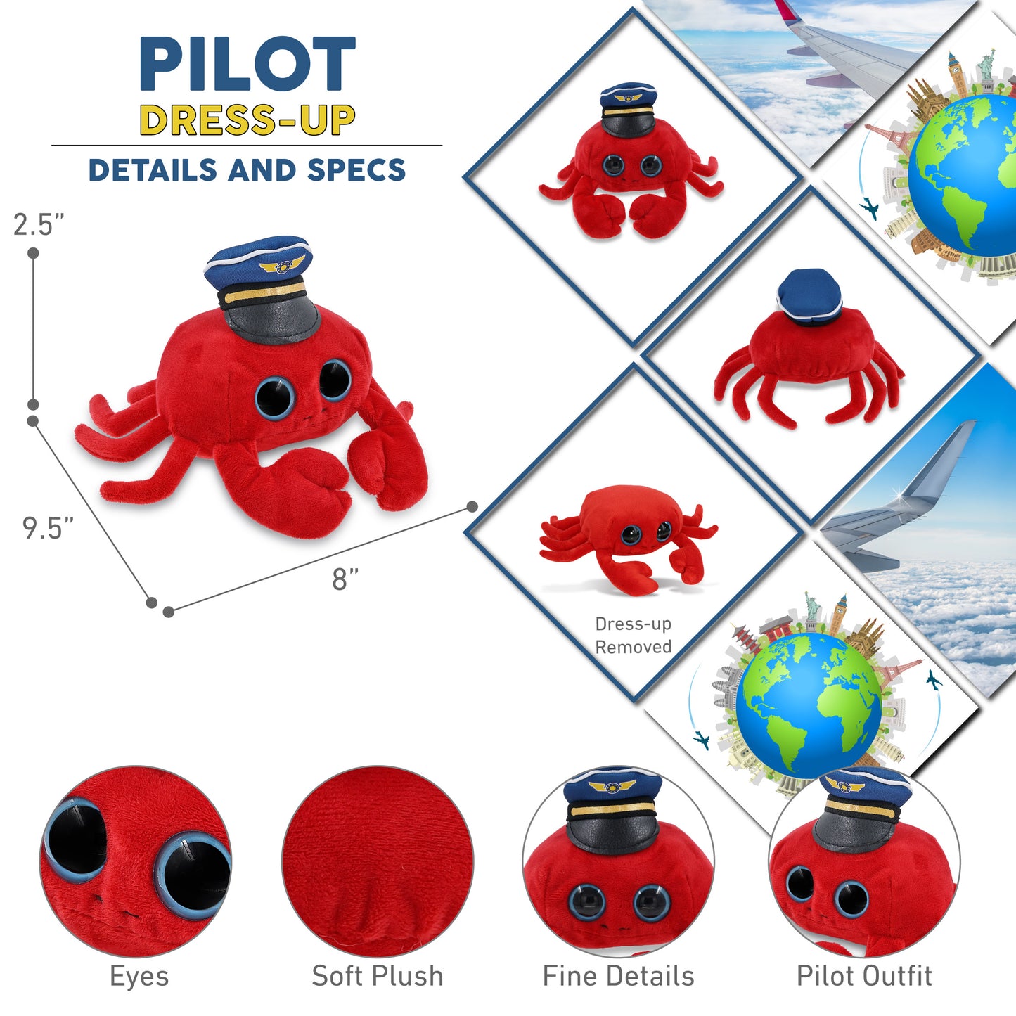 BIG EYE 6" PLUSH - RED CRAB WITH PILOT DRESS UP