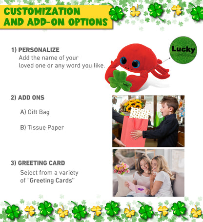 DolliBu Big Eyed Red Crab Stuffed Animal with Green Plush Shamrock - 9.5 Inches