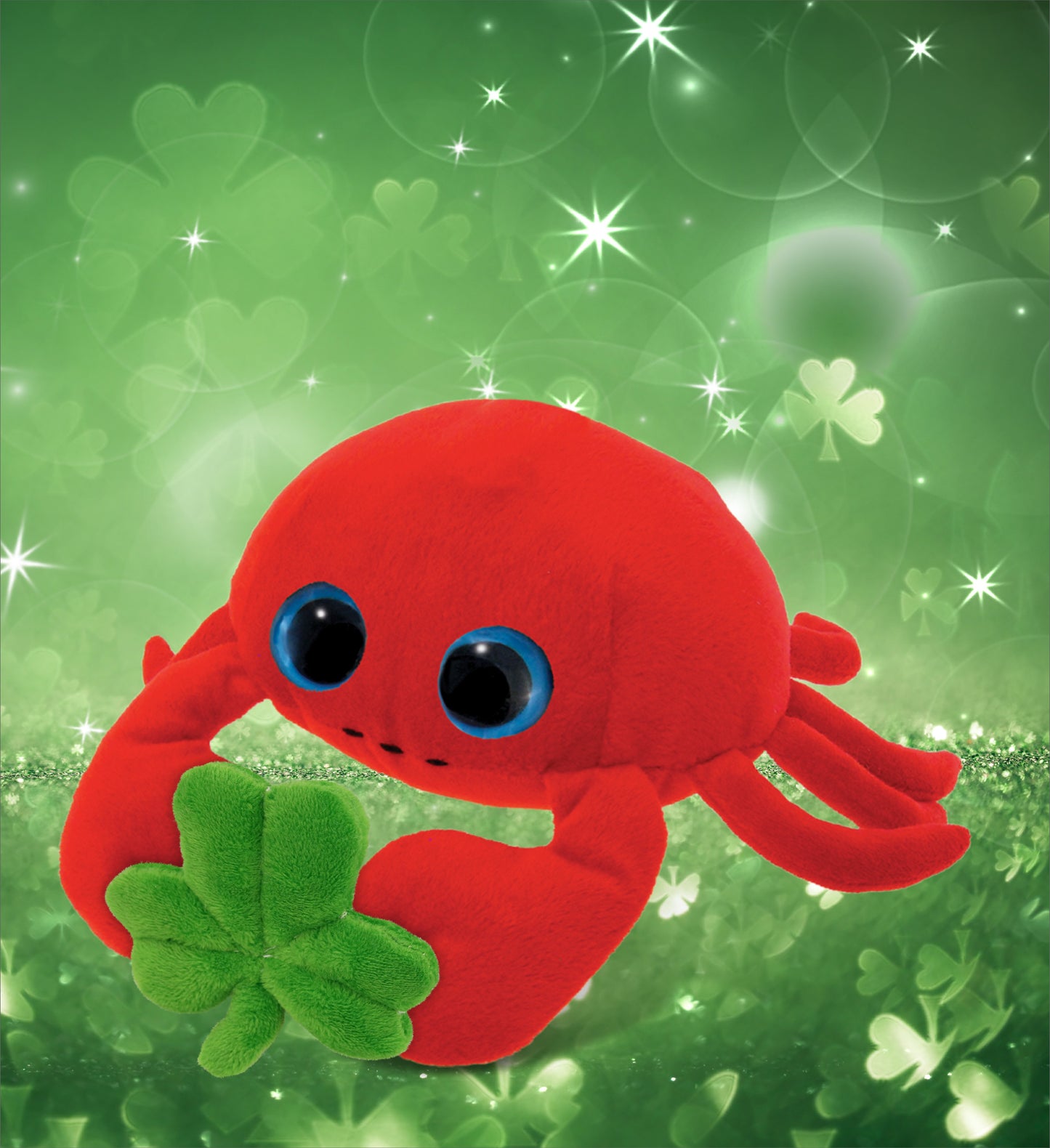 DolliBu Big Eyed Red Crab Stuffed Animal with Green Plush Shamrock - 9.5 Inches