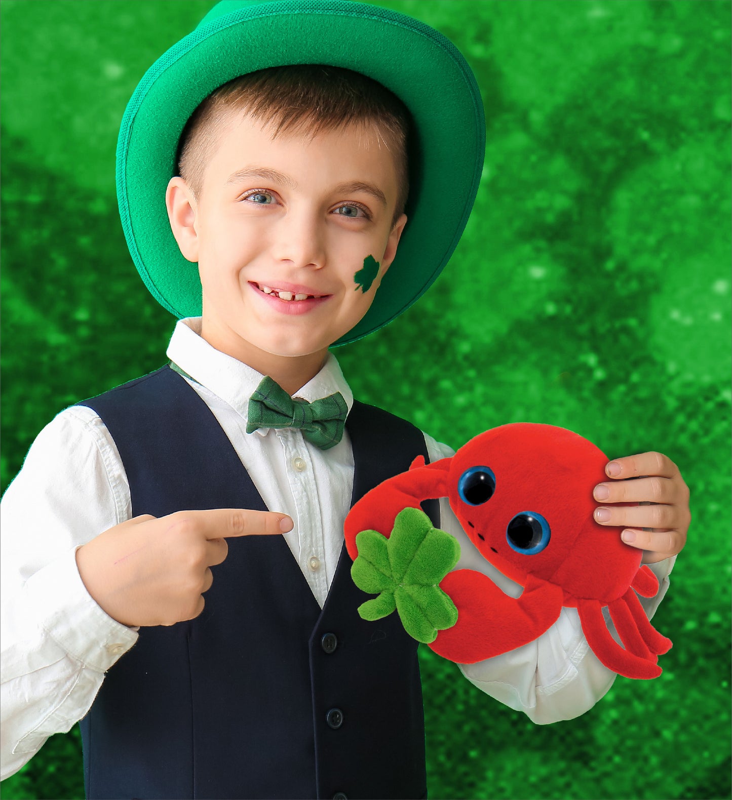 DolliBu Big Eyed Red Crab Stuffed Animal with Green Plush Shamrock - 9.5 Inches