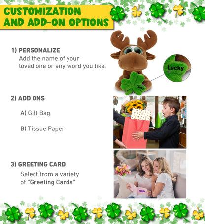 DolliBu Sparkling Big Eyes Brown Moose with Green Plush Shamrock - 6.5 Inches