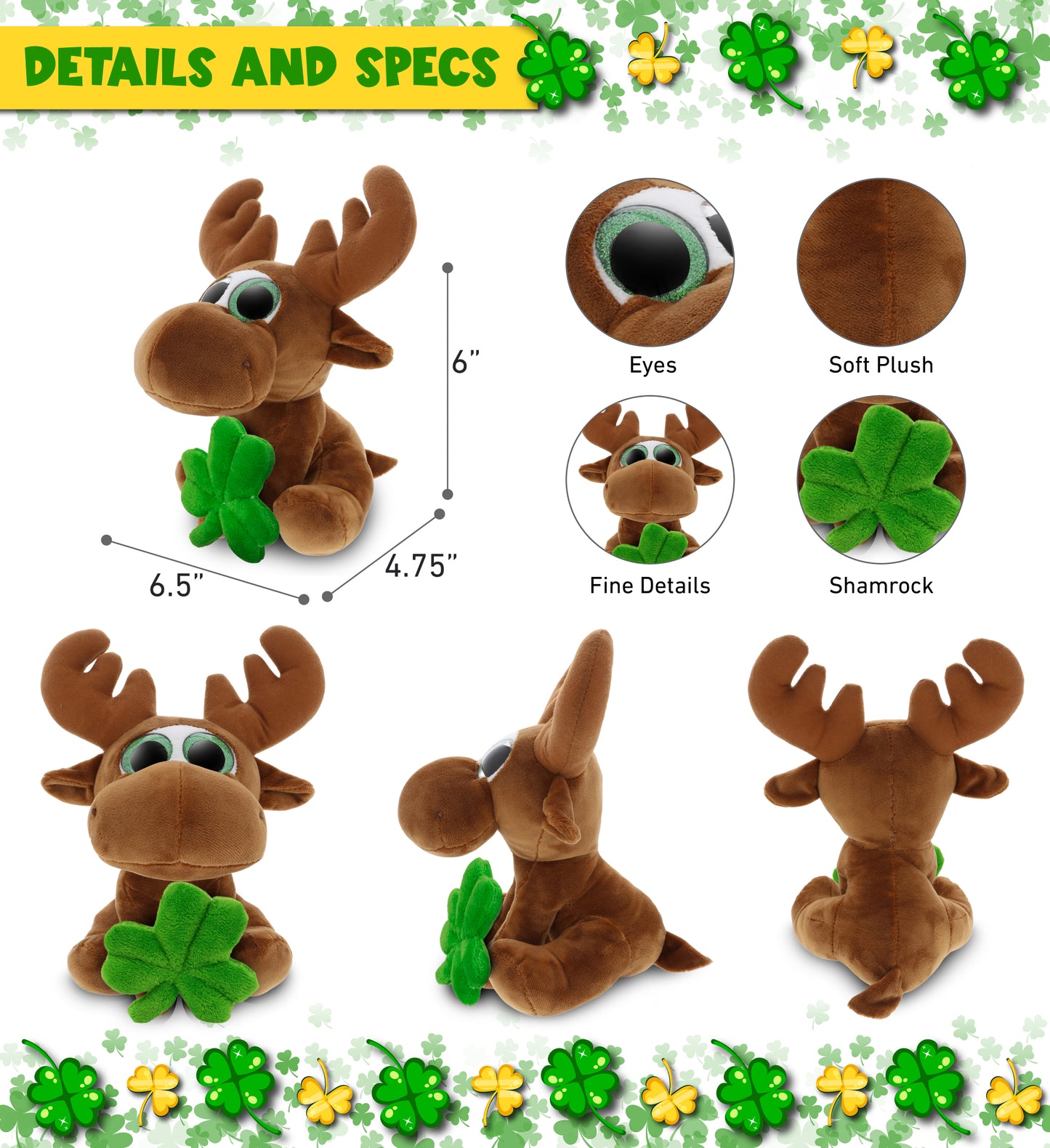 DolliBu Sparkling Big Eyes Brown Moose with Green Plush Shamrock - 6.5 Inches