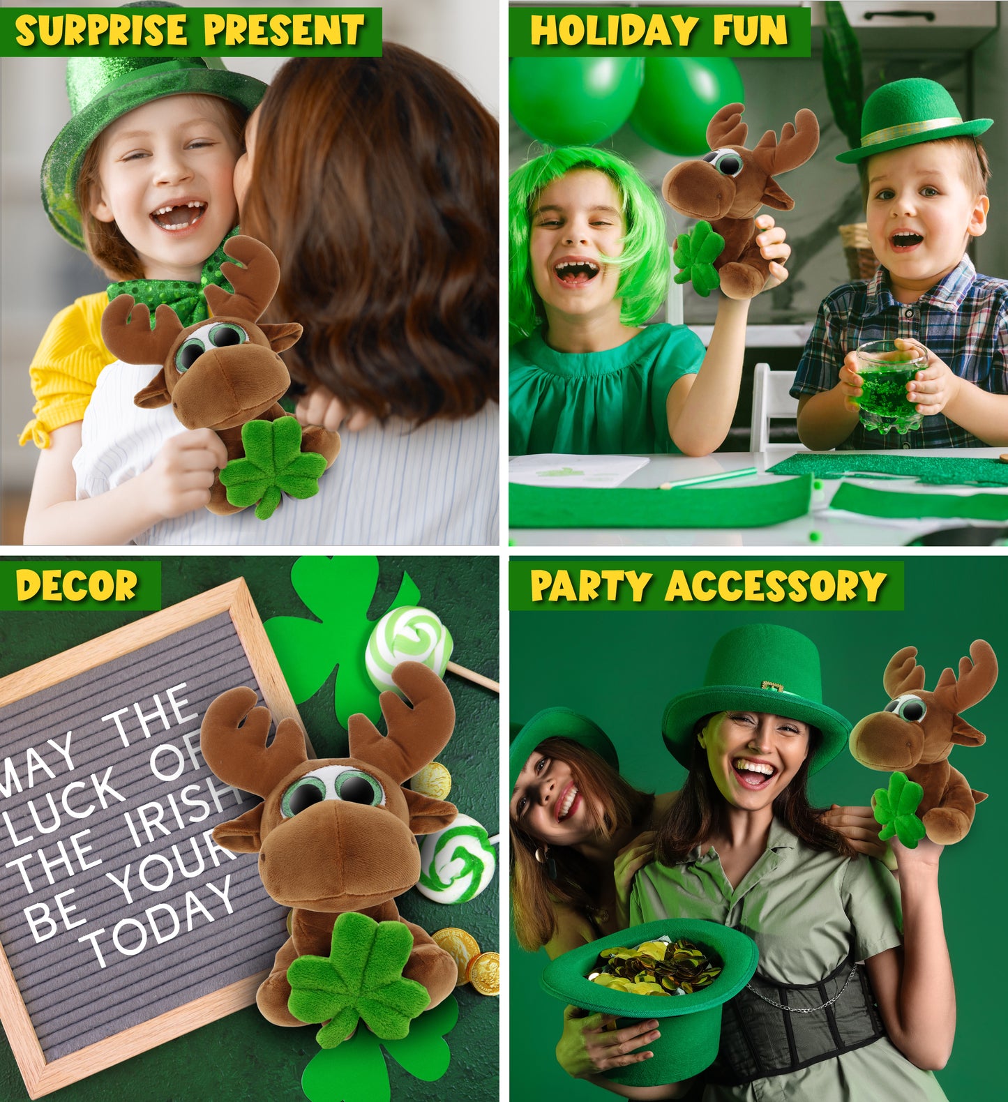 DolliBu Sparkling Big Eyes Brown Moose with Green Plush Shamrock - 6.5 Inches