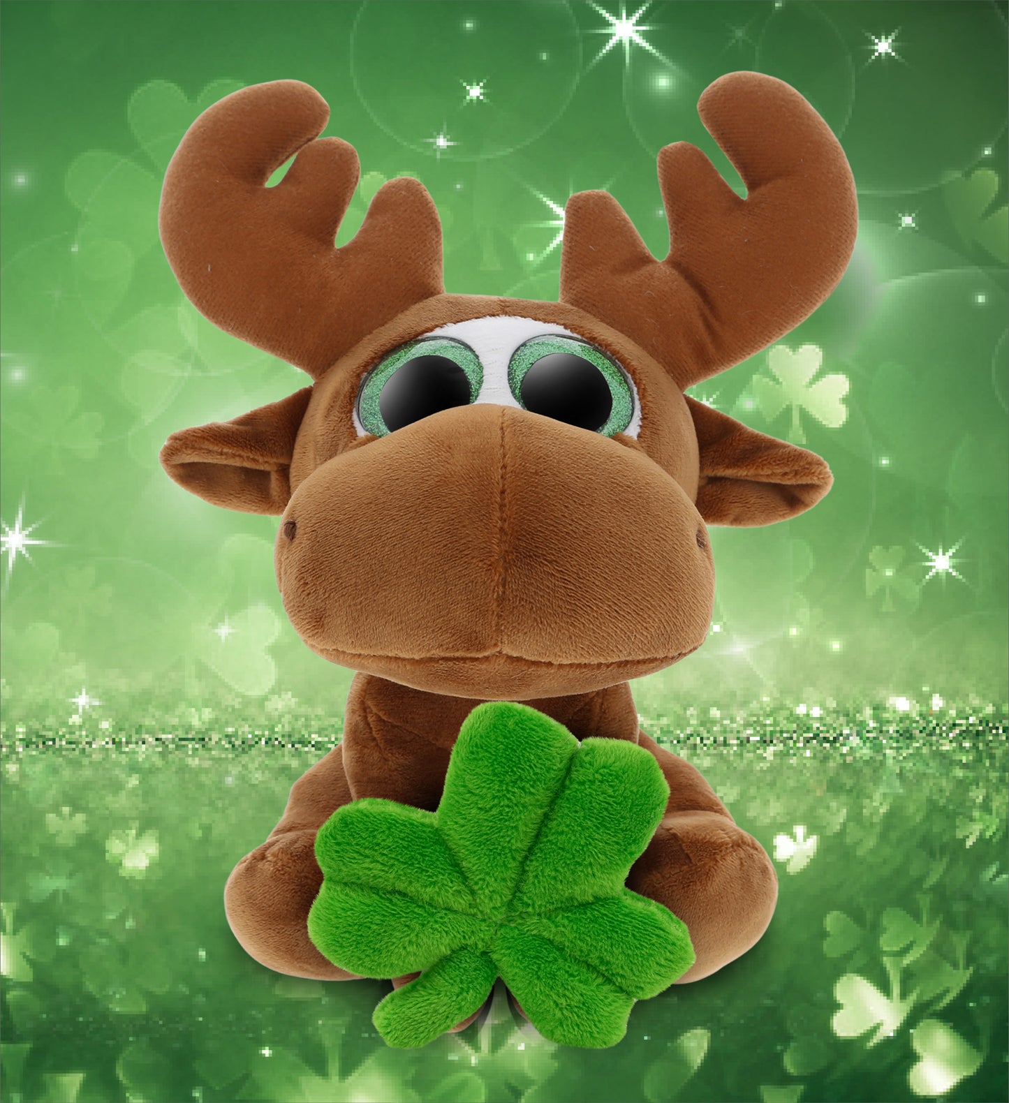 DolliBu Sparkling Big Eyes Brown Moose with Green Plush Shamrock - 6.5 Inches