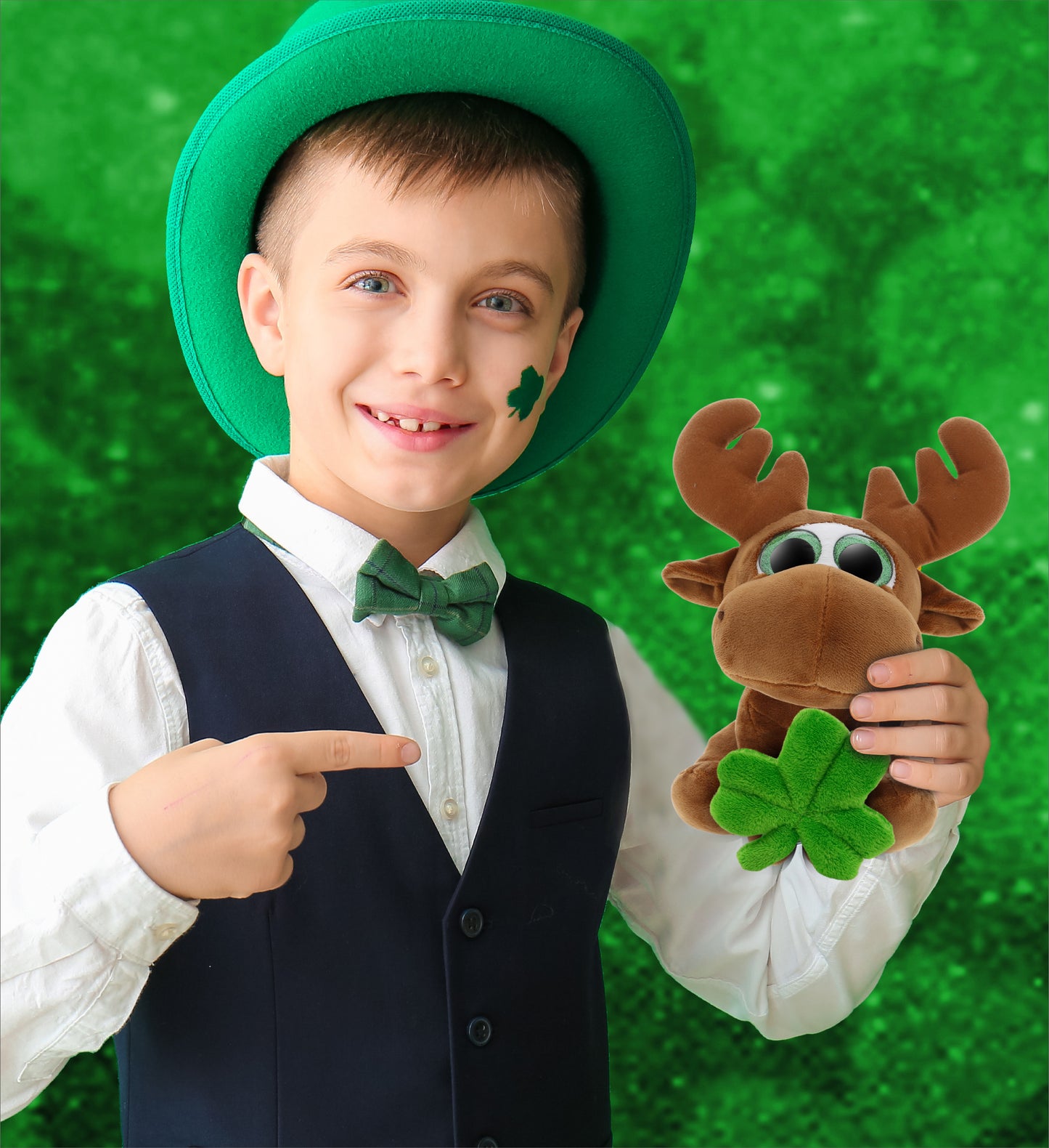 DolliBu Sparkling Big Eyes Brown Moose with Green Plush Shamrock - 6.5 Inches