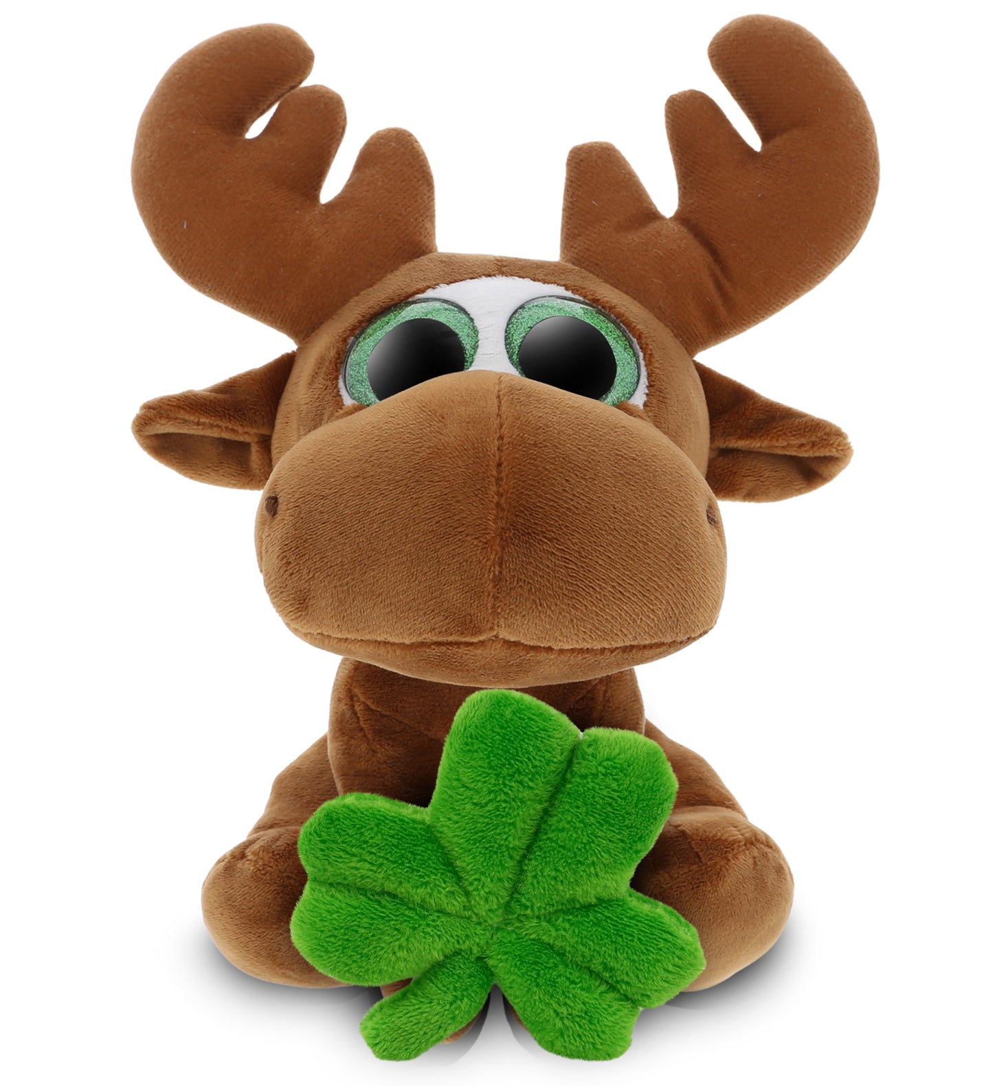 DolliBu Sparkling Big Eyes Brown Moose with Green Plush Shamrock - 6.5 Inches