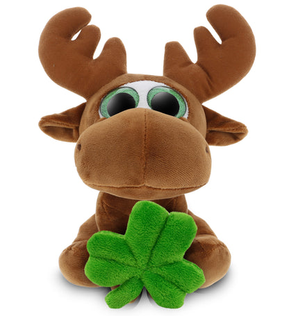 DolliBu Sparkling Big Eyes Brown Moose with Green Plush Shamrock - 6.5 Inches