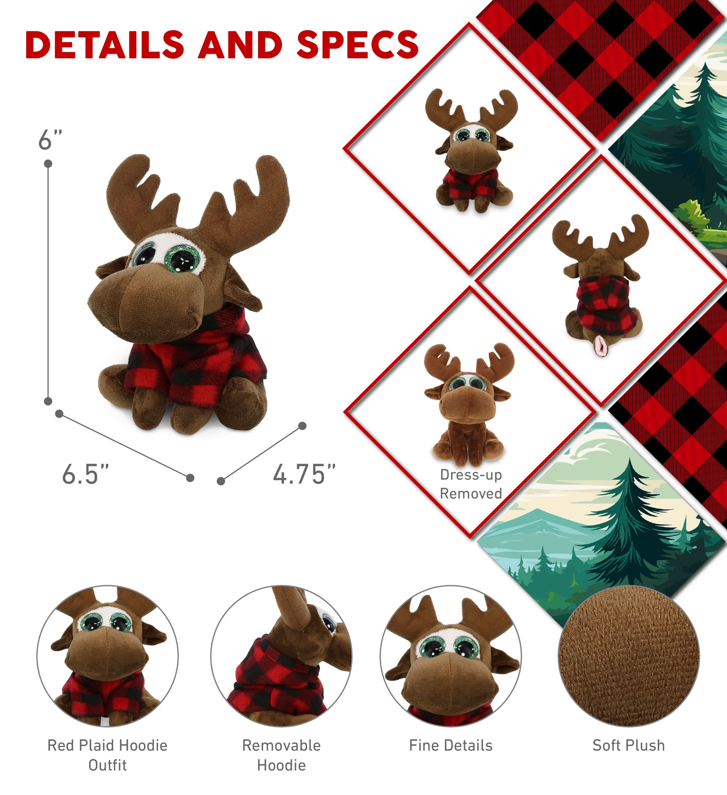 SPARKLE EYES PLUSH - SMALL MOOSE WITH RED PLAID HOODIE