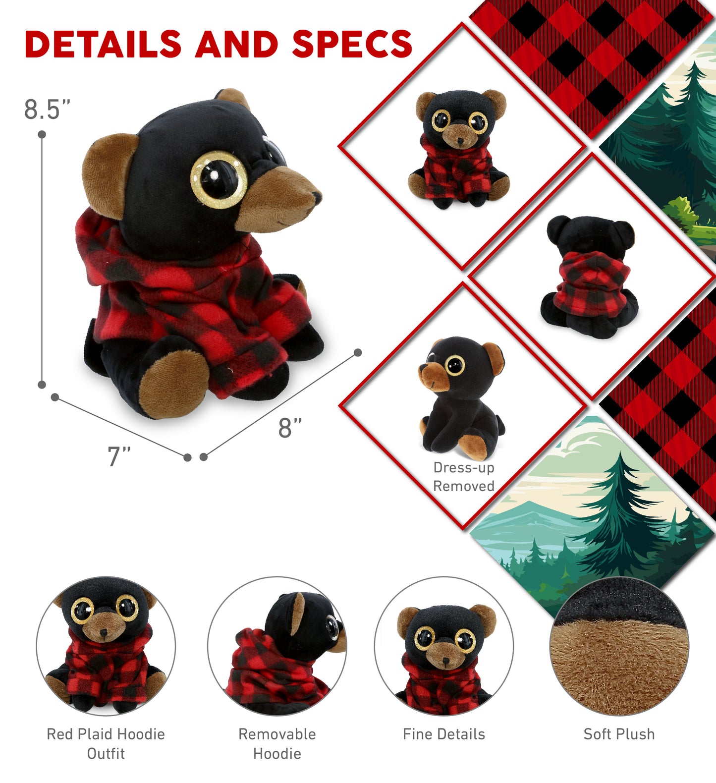 SPARKLE EYES PLUSH - LARGE BLACK BEAR WITH RED PLAID HOODIE